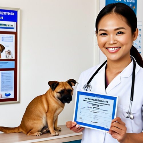**Prompt:** A friendly Thai veterinarian smiling, holding a renewed veterinary license. In the background, a modern veterinary clinic with healthy animals (dogs, cats) being cared for. The atmosphere is bright and professional, showcasing Continuing Professional Development (CPD) certificates on the wall.