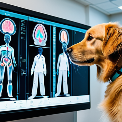 A professional female veterinarian, fully clothed in a modest scrub uniform and a clean lab coat, stands confidently in a high-tech, modern veterinary clinic. She is interacting with a large, transparent holographic display showing detailed, colorful diagnostic images of a pet's internal organs, with subtle AI analysis data overlayed. A healthy, well-groomed Golden Retriever is calmly sitting by her side, looking up at her. The clinic environment is sleek, clean, and futuristic, with soft, professional lighting.
    Quality modifiers: perfect anatomy, correct proportions, natural pose, well-formed hands, proper finger count, natural body proportions, professional photography, high resolution, sharp focus, vibrant colors, appropriate content, safe for work, professional dress.