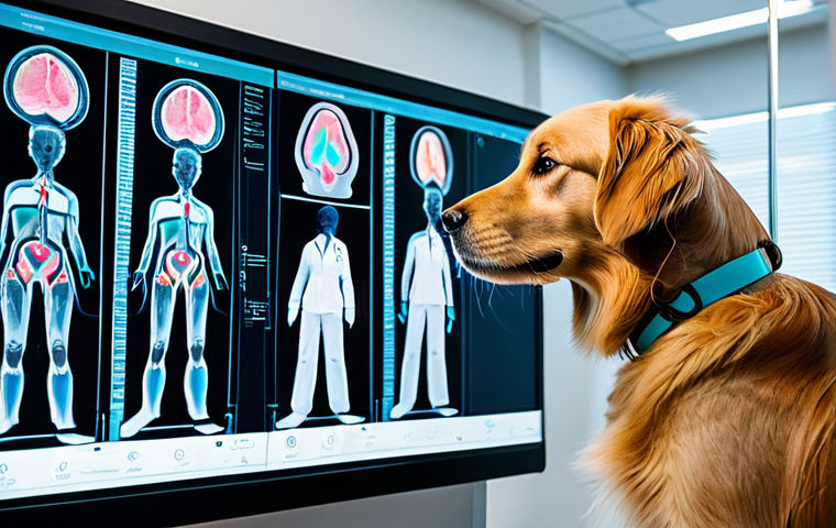 A professional female veterinarian, fully clothed in a modest scrub uniform and a clean lab coat, stands confidently in a high-tech, modern veterinary clinic. She is interacting with a large, transparent holographic display showing detailed, colorful diagnostic images of a pet's internal organs, with subtle AI analysis data overlayed. A healthy, well-groomed Golden Retriever is calmly sitting by her side, looking up at her. The clinic environment is sleek, clean, and futuristic, with soft, professional lighting.
    Quality modifiers: perfect anatomy, correct proportions, natural pose, well-formed hands, proper finger count, natural body proportions, professional photography, high resolution, sharp focus, vibrant colors, appropriate content, safe for work, professional dress.