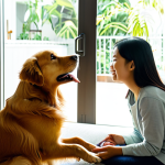 A kind Thai woman in modest, comfortable home attire, gently interacting with her well-behaved golden retriever in a sunlit living room. The woman is offering a treat to the dog, who is looking up with adoration, highlighting positive reinforcement and bonding. The environment is modern, clean, and has warm lighting with indoor plants. The image should be professional photography, high detail, with a natural pose, perfect anatomy, correct proportions, well-formed hands, and proper finger count. This content is safe for work, appropriate, fully clothed, and family-friendly.