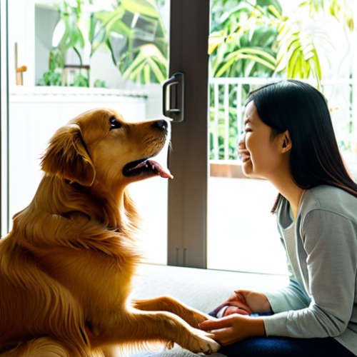 A kind Thai woman in modest, comfortable home attire, gently interacting with her well-behaved golden retriever in a sunlit living room. The woman is offering a treat to the dog, who is looking up with adoration, highlighting positive reinforcement and bonding. The environment is modern, clean, and has warm lighting with indoor plants. The image should be professional photography, high detail, with a natural pose, perfect anatomy, correct proportions, well-formed hands, and proper finger count. This content is safe for work, appropriate, fully clothed, and family-friendly.