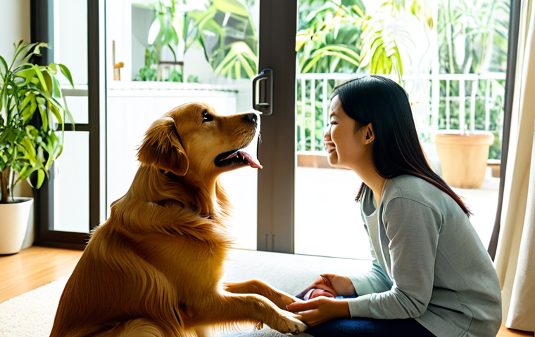 A kind Thai woman in modest, comfortable home attire, gently interacting with her well-behaved golden retriever in a sunlit living room. The woman is offering a treat to the dog, who is looking up with adoration, highlighting positive reinforcement and bonding. The environment is modern, clean, and has warm lighting with indoor plants. The image should be professional photography, high detail, with a natural pose, perfect anatomy, correct proportions, well-formed hands, and proper finger count. This content is safe for work, appropriate, fully clothed, and family-friendly.