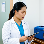 **Prompt:** A professional female veterinarian of Thai ethnicity, in her late 30s, wearing a clean, modest clinic uniform with a white lab coat over scrubs, stands attentively. She is explaining a digital medical record on a tablet to a seated, professional adult pet owner (also Thai ethnicity) who is listening carefully. A consent form is clearly visible on a well-organized desk between them. A healthy, calm tabby cat is resting peacefully in a carrier nearby. The setting is a brightly lit, modern veterinary clinic consultation room with a professional atmosphere. Soft, natural lighting. Professional photography, high detail, safe for work, appropriate content, fully clothed, professional dress, perfect anatomy, correct proportions, natural pose, well-formed hands, proper finger count, natural body proportions.