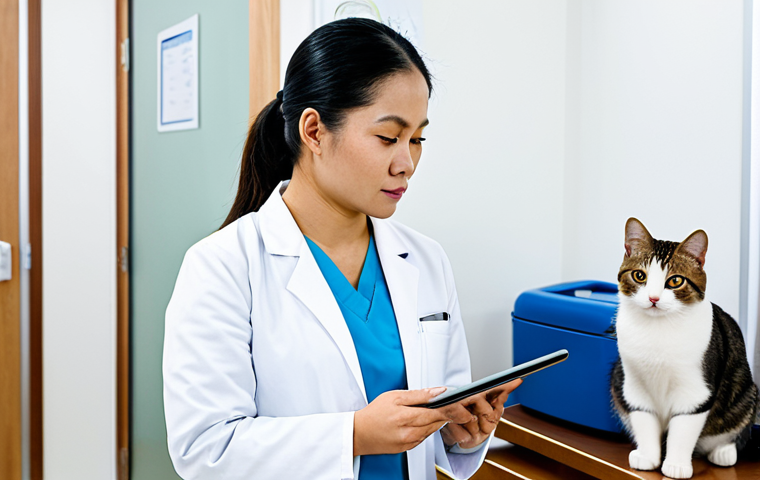 **Prompt:** A professional female veterinarian of Thai ethnicity, in her late 30s, wearing a clean, modest clinic uniform with a white lab coat over scrubs, stands attentively. She is explaining a digital medical record on a tablet to a seated, professional adult pet owner (also Thai ethnicity) who is listening carefully. A consent form is clearly visible on a well-organized desk between them. A healthy, calm tabby cat is resting peacefully in a carrier nearby. The setting is a brightly lit, modern veterinary clinic consultation room with a professional atmosphere. Soft, natural lighting. Professional photography, high detail, safe for work, appropriate content, fully clothed, professional dress, perfect anatomy, correct proportions, natural pose, well-formed hands, proper finger count, natural body proportions.
