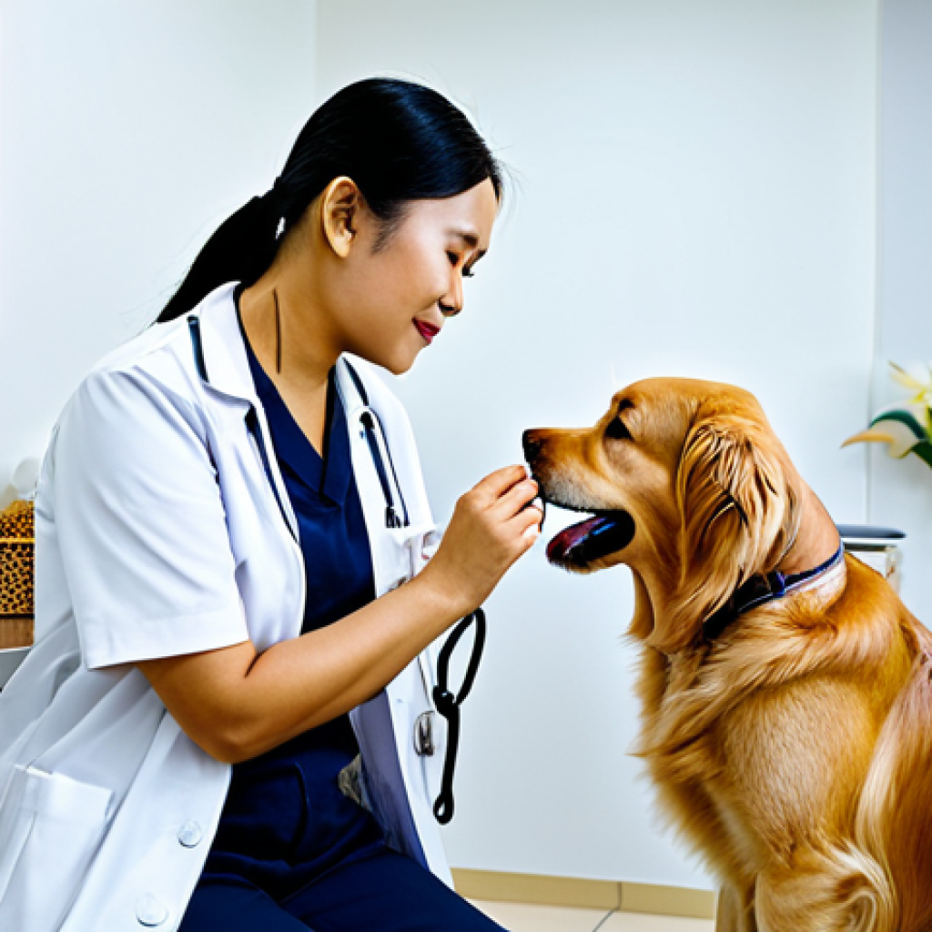 **
A professional Thai veterinarian, fully clothed in a clean, modern clinic examining a golden retriever. The clinic features traditional Thai decorations with orchids and teak wood accents. Appropriate attire, safe for work, perfect anatomy, natural proportions, family-friendly setting, professional lighting, high resolution.
**