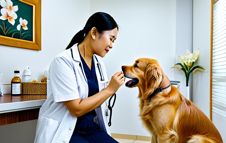 **
A professional Thai veterinarian, fully clothed in a clean, modern clinic examining a golden retriever. The clinic features traditional Thai decorations with orchids and teak wood accents. Appropriate attire, safe for work, perfect anatomy, natural proportions, family-friendly setting, professional lighting, high resolution.
**
