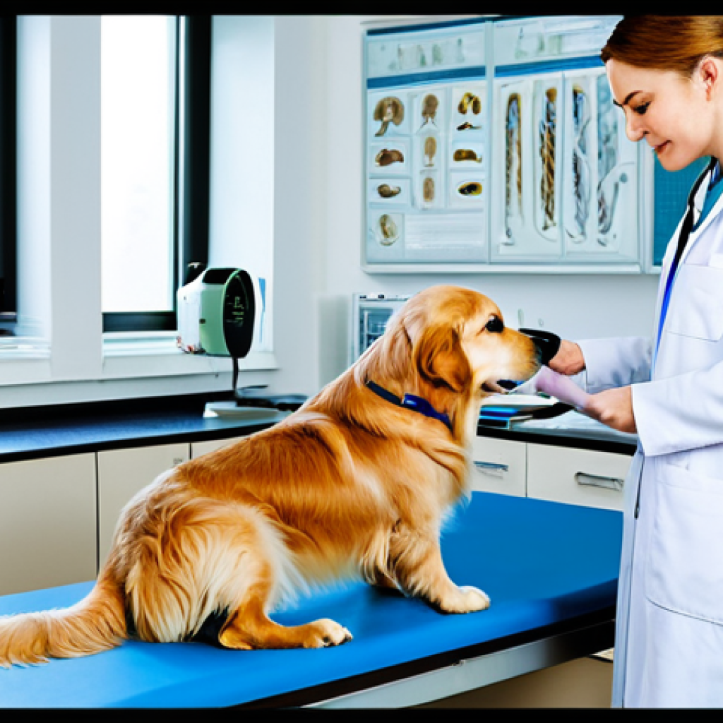 Veterinarian Examining a Pet**
"A professional veterinarian in a modern clinic setting, carefully examining a fully clothed, calm golden retriever. The vet is wearing appropriate professional attire. The background includes medical equipment and a friendly atmosphere. Safe for work, appropriate content, fully clothed, professional, perfect anatomy, correct proportions, well-formed hands, natural pose, high quality, detailed."
**