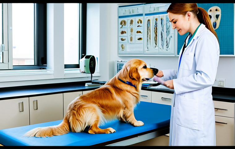 Veterinarian Examining a Pet**

"A professional veterinarian in a modern clinic setting, carefully examining a fully clothed, calm golden retriever. The vet is wearing appropriate professional attire. The background includes medical equipment and a friendly atmosphere. Safe for work, appropriate content, fully clothed, professional, perfect anatomy, correct proportions, well-formed hands, natural pose, high quality, detailed."

**