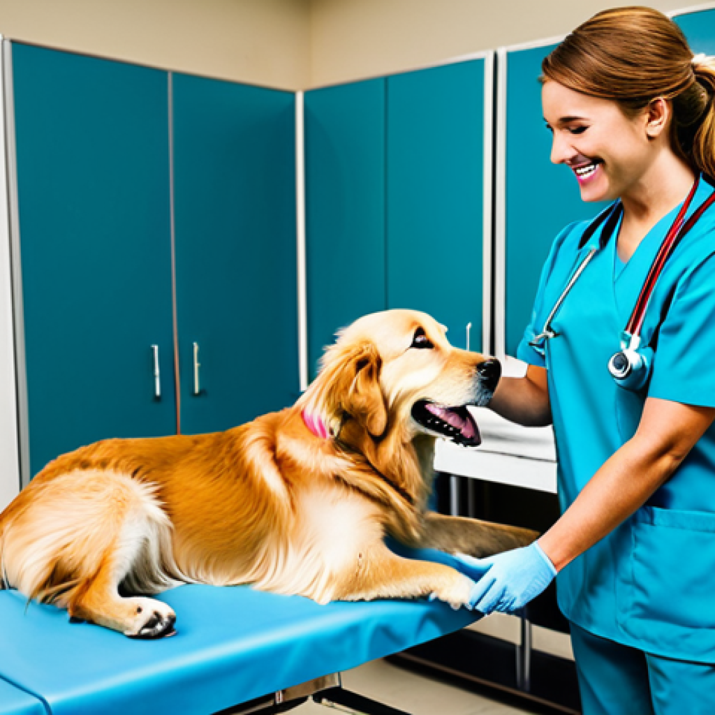 ** A professional veterinarian, fully clothed in scrubs, examining a happy golden retriever at a family-friendly clinic. The clinic is clean and modern with examination tables and equipment visible in the background. Safe for work, appropriate content, perfect anatomy, natural proportions, professional, modest.
**
