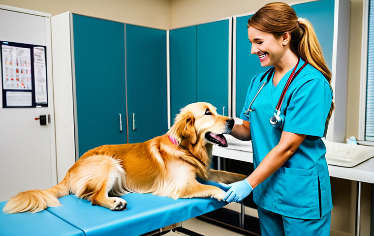 ** A professional veterinarian, fully clothed in scrubs, examining a happy golden retriever at a family-friendly clinic. The clinic is clean and modern with examination tables and equipment visible in the background. Safe for work, appropriate content, perfect anatomy, natural proportions, professional, modest.
**