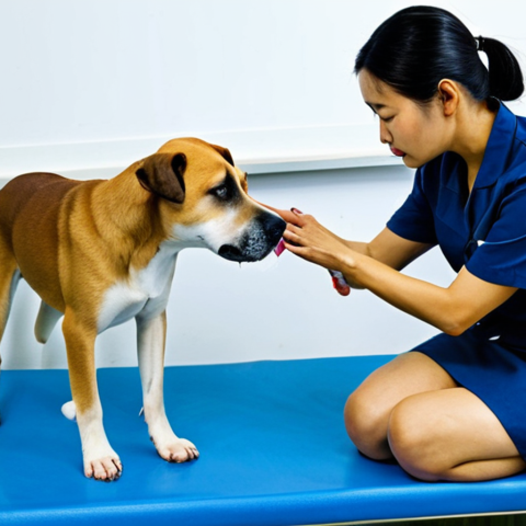 수의사가 알아야 할 동물복지법 - Physical Abuse Awareness**
Prompt: "A concerned veterinarian examining a dog with visible bruises, ...