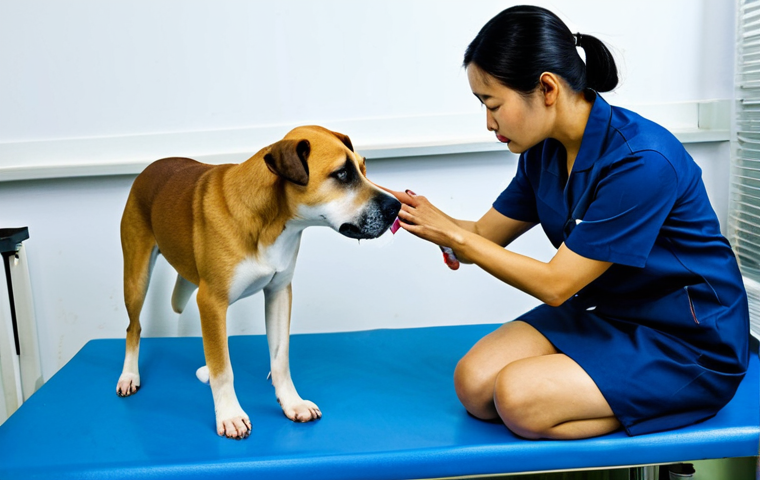 수의사가 알아야 할 동물복지법 - Physical Abuse Awareness**
Prompt: "A concerned veterinarian examining a dog with visible bruises, ...