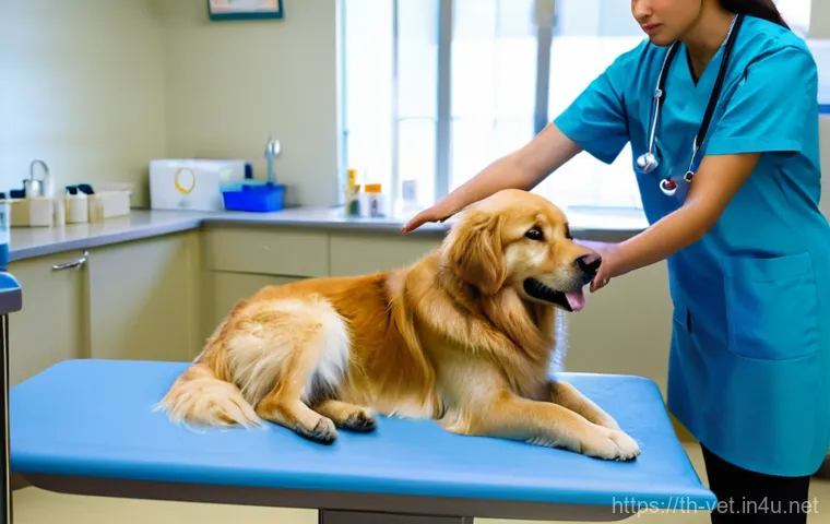 수의학 실기 시험에서 흔한 실수 - **Prompt 1: The Rushed Examination**
"A young, diverse veterinary student, wearing clean blue sc...