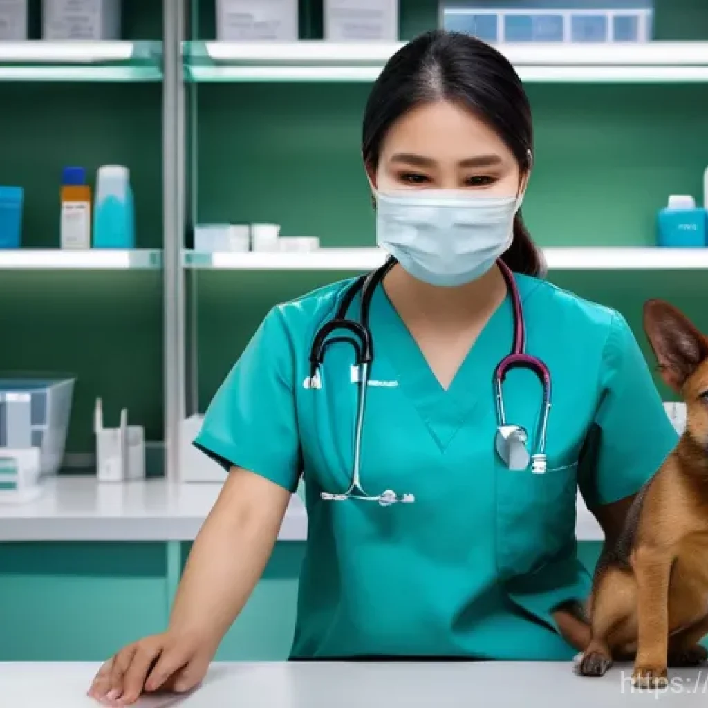 수의사 진료 중 흔한 어려움 - **Prompt:** A dedicated Thai veterinarian, female, in her early 30s, wearing clean professional scru...