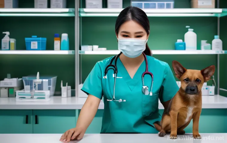 수의사 진료 중 흔한 어려움 - **Prompt:** A dedicated Thai veterinarian, female, in her early 30s, wearing clean professional scru...