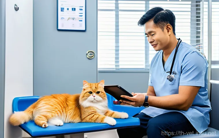 수의사 진료 중 흔한 어려움 - **Prompt:** A dedicated Thai veterinarian, female, in her early 30s, wearing clean professional scru...