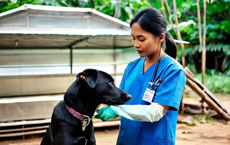 수의사 진료 중 흔한 어려움 - **Prompt:** A compassionate Thai veterinarian, male, in his 40s, dressed in a smart, professional cl...