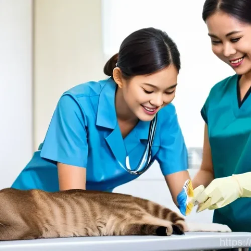 수의사로서 팀 리더십 발휘하기 - **Prompt:** "A brightly lit, modern veterinary clinic in Thailand on a pleasant afternoon. A diverse...