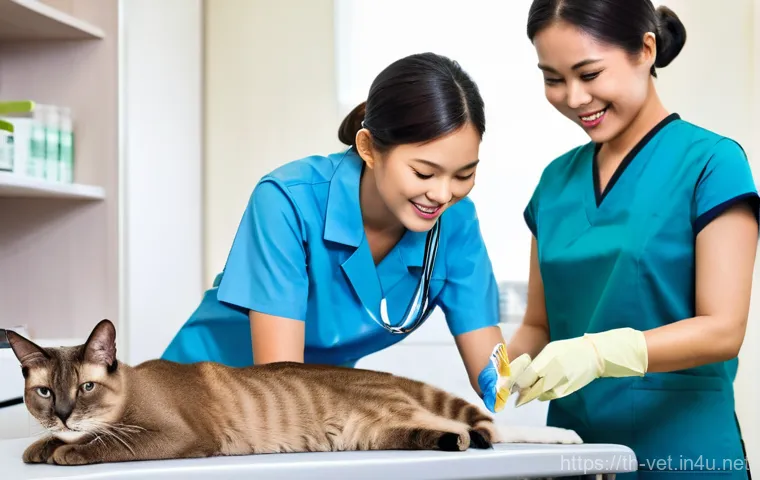수의사로서 팀 리더십 발휘하기 - **Prompt:** "A brightly lit, modern veterinary clinic in Thailand on a pleasant afternoon. A diverse...