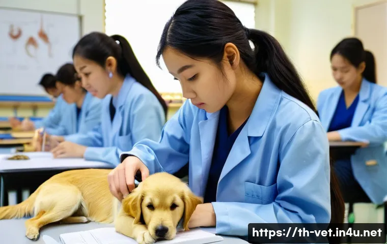 수의사 전공생을 위한 추천 도서 - **Veterinary Student Studying Anatomy:** "A brightly lit veterinary classroom at Chulalongkorn Unive...