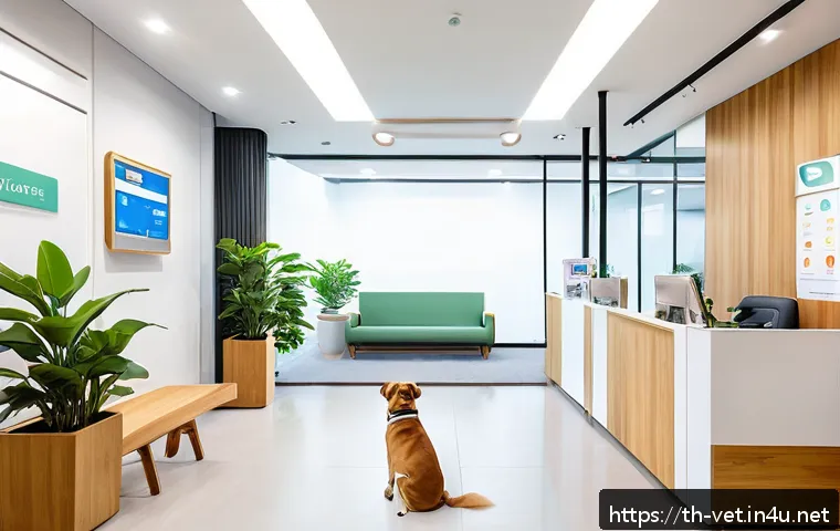 동물병원 창업 가이드 - A modern veterinary clinic reception area in Thailand, featuring warm wooden accents and clean white...