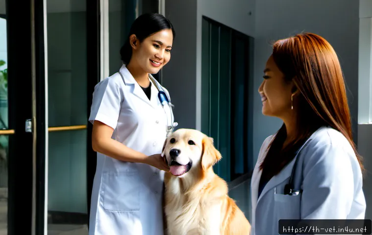 Home 29 수의사 이직 성공 사례 - Photorealistic Thai veterinarian in her early 30s confidently beginning a new role at a modern small...